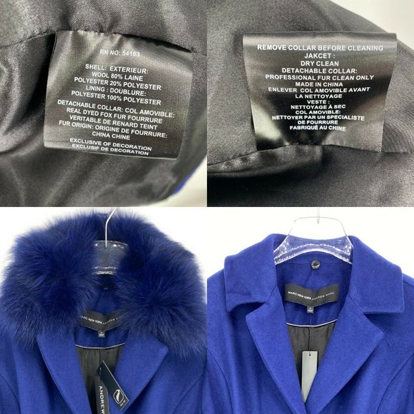 Women’s Blue Andrew Marc Wool Blend Detachable Fox Fur Collar Size 10 - Picture 11 of 12